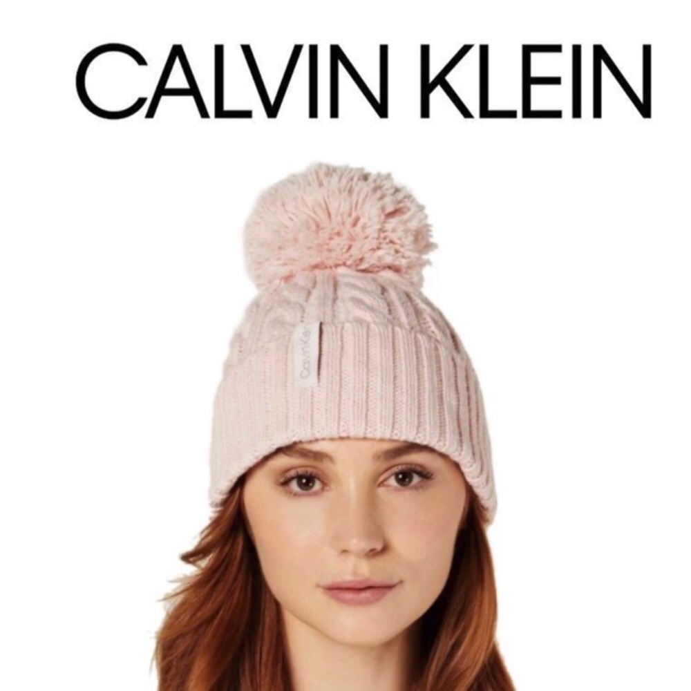 Calvin Klein knit ribbed pink Pom Pom winter hat